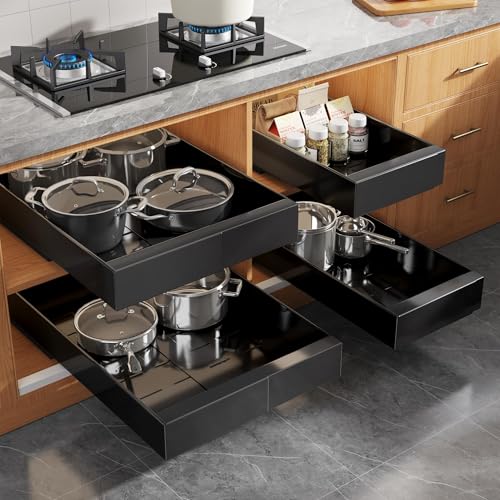 Seinloes 4 Pack Expandable Width (9"-14.1") Pull Out Cabinet Organizer 21" Deep with Raising Pad for Framed Cabinets, Upgrade 3 Slide Rails Slide Out Drawers, Roll Out Shelves Adhesive, Black - color: Black, size: 21"D x 9"-14.1"W(4Pack)
