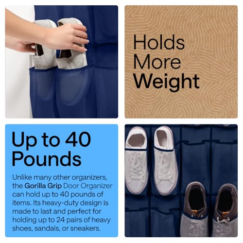 GORILLA GRIP Over the Door Shoe Organizer, 24 Large Breathable Mesh Pockets, Space Saving Hanging Storage Holder, Closet Rack Hanger Holds Up to 40 lbs, Hangs on Closets for Shoes, Accessories, Navy - color: Navy, size: 24 Pockets/4 Hooks