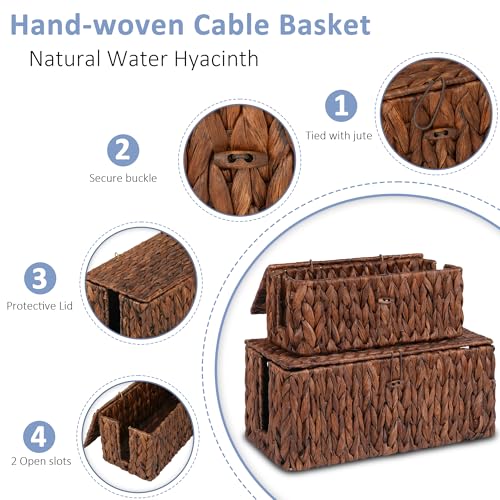 efluky 2 Pack Hand-Woven Cable Management Boxes, Water Hyacinth Cord Organizer Box with Lid, 2 Open Slots Cable Organizer Basket to Hide Power Strip and Charger for Home & Office and Dorm,Brown - color: Brown