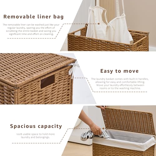 Slim Wicker Laundry Hamper with Lid, 55L Handwoven Rattan Basket with Handles, Narrow Laundry Basket with Removable Liner Bag & 2 Mesh Bags - color: Rattan with Lid, size: 55L