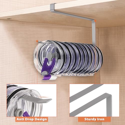 Tumbler Lid Organizer, Horizontal Tumbler Lid Storage Hook Up to 10 Lids, Space Saving Cup Lid Holders Under Cabinet Tumbler Lid Hook for Kitchen Organizer and Storage, Paper Towel Rack Hanger (Gray) - color: Gray, size: 1 Pack
