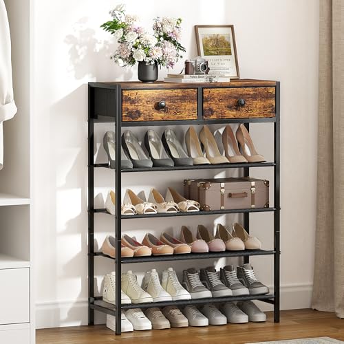 Shoe Rack, 5 Tier Shoe Organizer with 2 Drawers, Metal Shoe Storage for 16-20 Pairs of Shoes with Fabric Shelves and Wooden Top, Narrow Shoe Shelf for Closet Entryway Rustic Brown - color: Rustic Brown, size: 5 Tier(27.6 × 10.8 × 37.8)