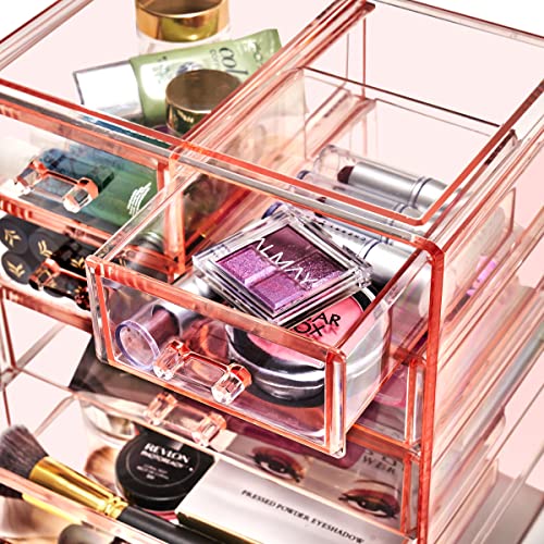Sorbus Acrylic Makeup Organizer Set, 7-Drawer Vanity & Countertop Cosmetic Storage with Small & Wide Drawers, Pink Makeup Storage for Brushes, Lipsticks, Jewelry – Holiday Gift for Women & Teens - color: Pink, style: 3 Large, 4 Small Drawers