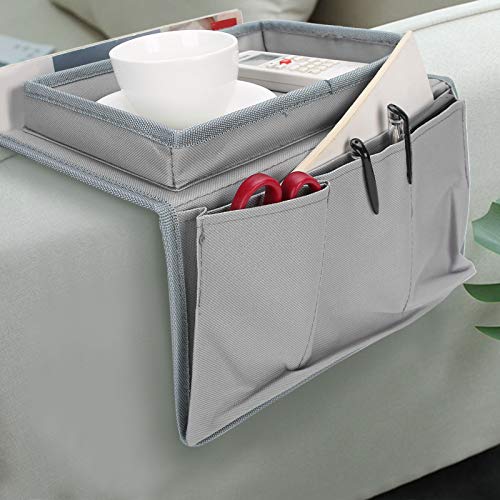 Sofa Armrest Organizer with Cup Holder Tray,4 Pockets Armchair Caddy Bedside Storage Pockets Bag 11.8x7.1x7.1inch TV Remote Control Organizer Armchair Couch Bag (Grey) - color: Grey