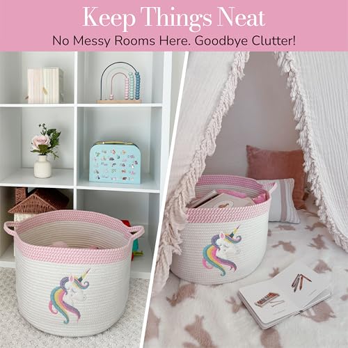 Unicorn Storage Basket for Nursery – Large 15”x11” Cotton Rope Bin with Soft Felt Animal Patch – Toy Organizer, Baby Laundry Hamper, Diaper & Towel Holder – Foldable, Washable & Baby-Safe - color: Unicorn