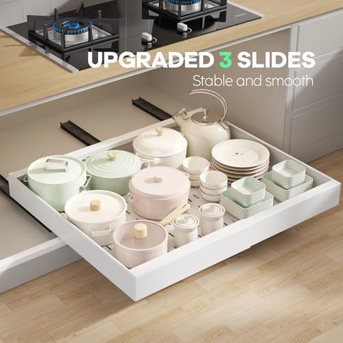 Seinloes 2 Pack Pull out Cabinet Organizer 21" Deep With Raising Pad for Framed Cabinets,Expandable (15.2"-26.3"W) Slide out Drawers for Kitchen Cabinets with 4pcs Divider Racks,Roll out Shelves,White - color: White, size: 15.2"-26.3"W x 21"D(2Pack)