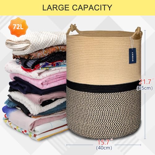 COMSE Extra Large Blanket Basket, Tall Woven Storage Basket, Nursery Hamper, 15.7”x 21.7”, Cotton Rope Laundry Hamper for Toys Clothes Towels, Blend Brown/Black - color: Blend Brown & Black