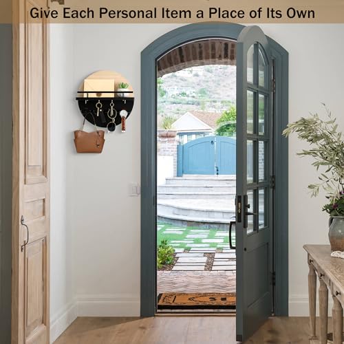 dreampossible Key Holder for Wall Decorative with Shelf and Hooks, Mail Organizer Wall Mount with Sunglasses Holder, Circular Design Entryway Key Rack Hanger, Rustic Home Decor - color: Light brown&Black