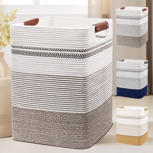 DOFASAYI Laundry Basket - 85L Large Cotton Rope Blanket Basket with Leather Handles, Decorative Storage Hamper, Clothes Hamper for Living Room, Bedroom, Rice Brown & White - color: Rice Brown & White, size: 85L