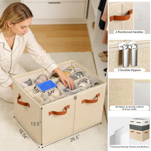 TOPIA HOME Shoe Organizer for Closet, Foldable Shoe Box with Adjustable Dividers and Clear Cover, Space Saving Shoe Storage Organizer Cabinet with Reinforced Handles, Fits 16 Pairs TP09J - color: Jute, size: Large(20.87''L x 16.54''W x 13.5''H)