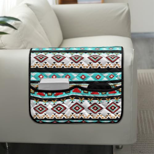Blue Aztec Tribal Geometry Print Armrest Cover for Sofa Control Holder Sofa Armrest Organizer for Magazine, Tablet, Phone, iPad Chair Arm Covers 44x20 inch Couch Cover - color: Blue Aztec Tribal Geometry
