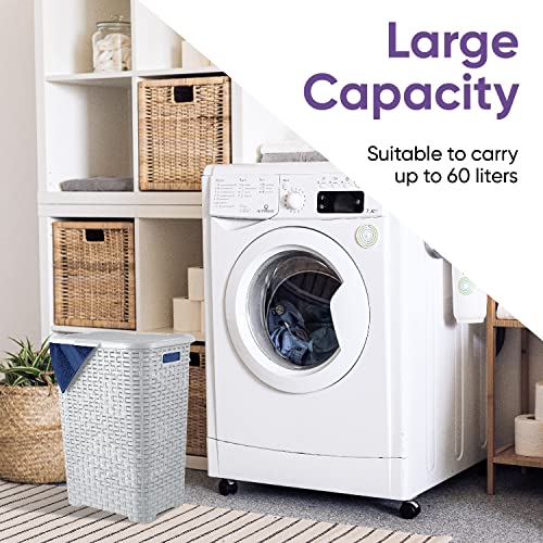 Plastic Laundry Hamper with Lid Laundry Hamper Basket, White Smoke 2 Pack Tall Cloths Hamper Organizer with Cut-out Handles. Space Saving for Laundry Room Bedroom Bathroom, Wicker Design 60 Liter - color: White Smoke, size: 2-pack