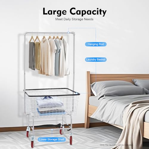 Commercial Laundry Rolling Cart with Wheels, 110 LBS Load Capacity Hamper Basket Organizer, Industrial Heavy Duty Wire with Double Pole Rack, Steel Frame with Chrome Finish, 27 * 22 * 67inch