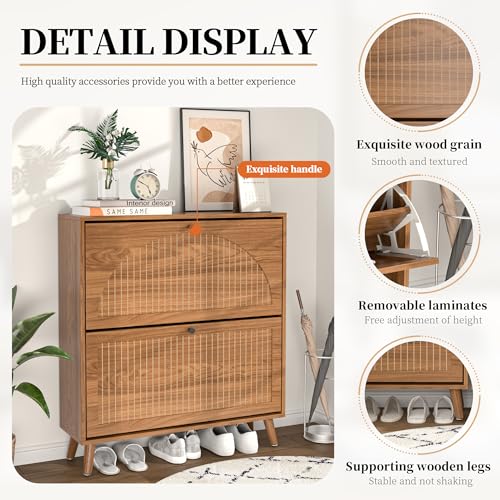 Fsbecl Shoe Storage Cabinet for Entryway with 2 Flip Drawers, Narrow Wood Shoe Cabinet with Fluted Panel, Freestanding Hidden Shoe Organizer for Foyer, Hallway (Walnut) - color: Walnut - With Shelf