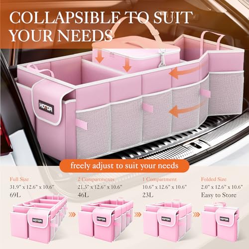 HOTOR Trunk Organizer, Sturdy Foldable with Cooler for Car & SUV, 3 Compartments, Pink, 30.90”×12.60”×10.63” - color: Pink, size: Large