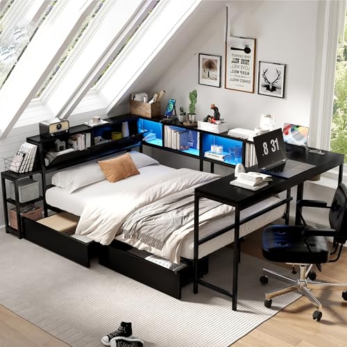 HRVEOCEI Corner Bed Frame Twin with Storage Bookshelf & Desk, U-Shaped Daybed Frame with 2 Drawers, Metal Corner Beds with Charging Station & LED Lights for Bedroom, Flip Left or Right (Black, Twin) - color: Black, size: Twin