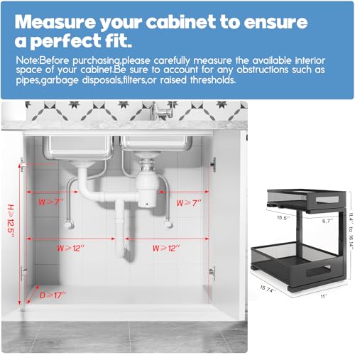 1 Pack-11.4"-16.14"H Under Sink Storage Organizer, Large 2-Tier Elegant Mesh Pull Out Shelf for Kitchen and Bathroom Cabinet Organization, L-Shaped and Adjustable Height Design for Maximum Space-Black - color: Black, size: 1 Pack-15.74"Dx11.4"-16.14"H