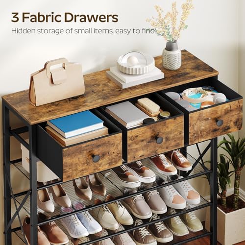 YATINEY 5-Tier Shoe Rack with 3 Drawers, Metal Shoe Organizer for 20 Pairs with Storage Shelves and Wooden Top, for Entryway, Hallway, Foyer, Closet, Rustic Brown and Black SS35BR - color: Rustic Brown + Black, size: 5 Tiers (37.6"H)