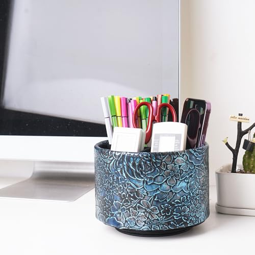 Round Leather Art Supply Organizer,Remote Control Holder,360 Degree Spinning,Multi-Functional Pencil Holder,4 Compartments Desktop Stationary Organizer(1-Rich Flower Blue) - color: 1-Rich Flower Blue1
