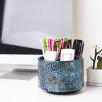 Round Leather Art Supply Organizer,Remote Control Holder,360 Degree Spinning,Multi-Functional Pencil Holder,4 Compartments Desktop Stationary Organizer(1-Rich Flower Blue) - color: 1-Rich Flower Blue1