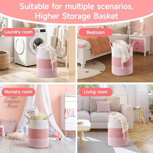 CLHMILY&Z 60L Laundry Basket Round Storage Rope Basket - 15x20.5 Inches - Pink Hamper in Bedreoom and Cute Storage Bin for Blankets, Toys, and Nursery Essentials - color: Pink & White, size: 60L
