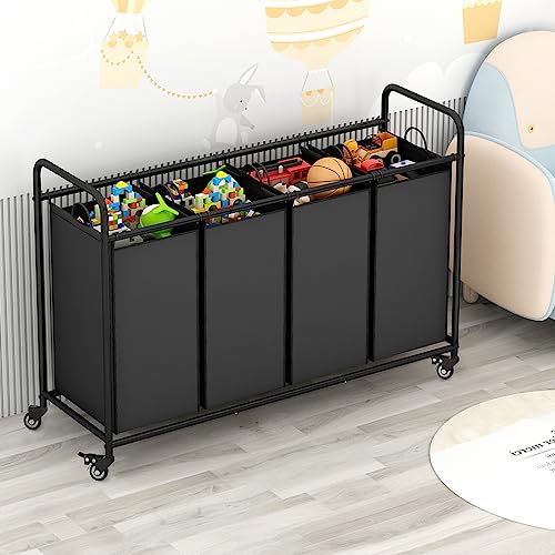 Laundry Sorter 4 Section Hamper Sorter with Heavy Duty Lockable Rolling Wheels Removable Bags Basket Separator for Dirty Clothes Storage,Black - size: 4 Bags Black