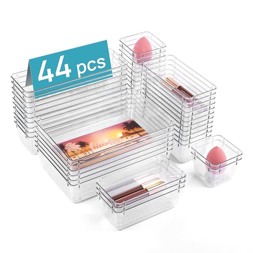 Vtopmart 44 PCS Clear Plastic Drawer Organizers Set, 4-Size Versatile Bathroom and Vanity Organizer Trays, Non-Slip Storage Containers for Makeup, Jewelries, Bedroom，Kitchen Utensils and Office - color: Clear