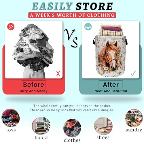 Watercolor Horse Laundry Basket Foldable With Handles Cute Animal Floral Tote Bag Oxford Cloth Colorful Laundry Hamper Clothes Toy Storage Bucket For Bathroom/Laundry/Bedroom 18.9" x 16.5 " - color: Watercolor Horse With Flowers Floral