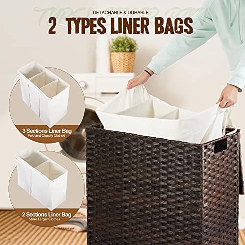 Greenstell Laundry Hamper with Lid, 125L Large Clothes Hamper with 3 Section & 2 Section Removable Liner Bags & 5 Mesh Laundry Bags, Handwoven Synthetic Rattan Divided Laundry Basket, Brown - color: Brown