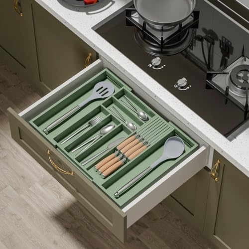 TIOPGHAD Bamboo-Silverware-Drawer-Organizer-Kitchen, Expandable Utensil Holder Cutlery Tray Flatware Organization Adjustable Wood Tableware Dividers Storage (with Removable Knife Block)(Grayish Green) - color: Grayish Green, size: Large