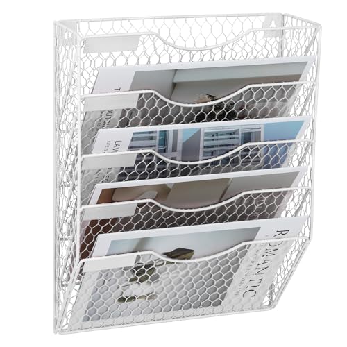 EASEPRES Mail Organizer Wall Mount Hanging File Holder Storage, Metal Chicken Wire Magazine Rack 5 Tier, White - color: White, size: 5 Tier