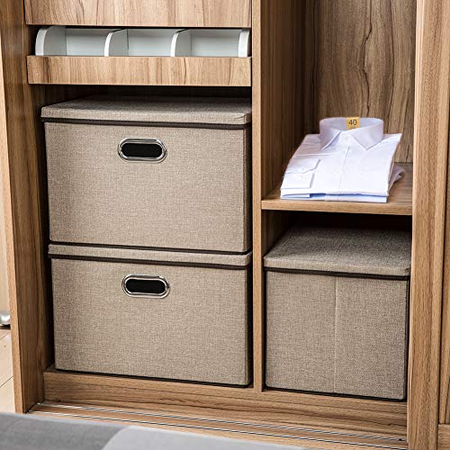 PRANDOM Large Collapsible Storage Baskets with Lids [5-Pack] Jute Fabric Foldable Storage Bins Boxes Organizer Containers Cube with Cover for Home Bedroom Closet Office Nursery (17.7x11.8x11.8) - color: Khaki, size: L(5-Pack)