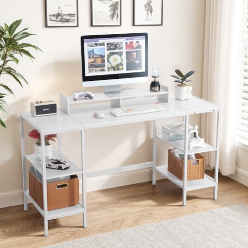 MINOSYS Computer Desk 55-inch with Storage Shelf - White Ideal Gaming Desk for Bedrooms, Small Spaces, and Home Offices Modern Writing Desk for PCs. - color: Tx-white, size: 55 inch