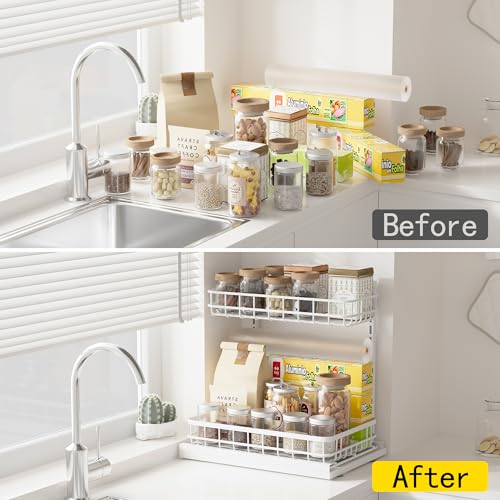 Under Sink Organizer, Adjustable Height Pull-Out Kitchen Storage Organization,15.8" x 11.8" x 16.5", 2-Tier Kitchen Shelf, Bathroom Drawer Organizer, 2 Pack|White - color: White, size: B 2 Pack