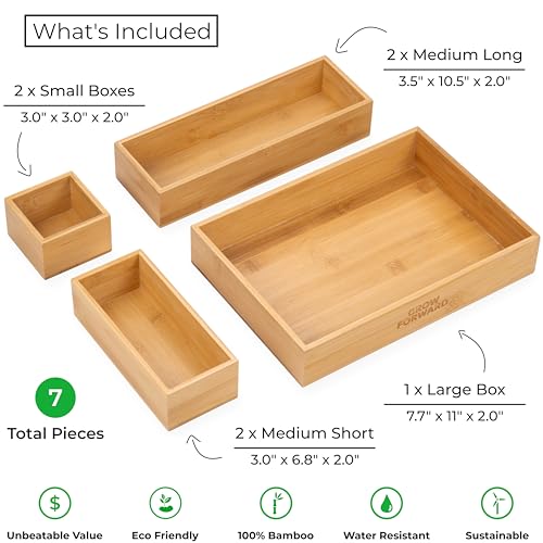 Grow Forward Bamboo Drawer Organizer Boxes - Set of 7 Wooden Drawer Organizers for Kitchen, Bathroom, Office, Desk, Vanity, Makeup - Non-Slip Junk Drawer Organizer Trays for Storage and Organization - size: 7-Piece