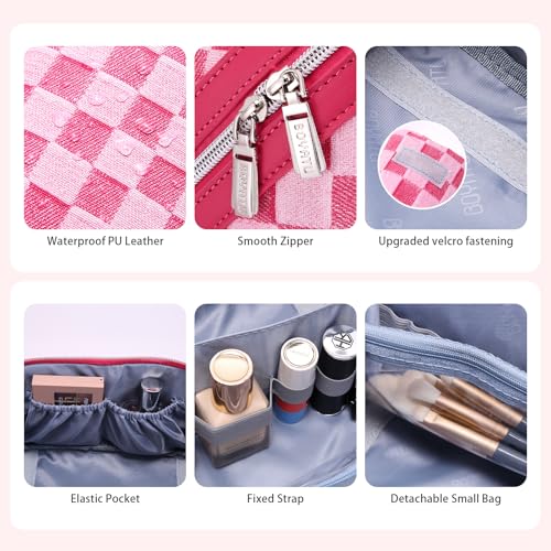 BOYATU Travel Makeup Bag for Women: Large Cosmetic Bag Set of 3 - PU Leather Make up Bag with Compartments - Compact Waterproof Toiletry Bag with Divider & Handle (D-4-Red) - color: D-4-Red