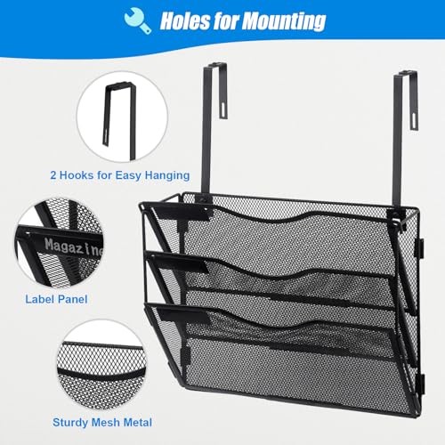 EASEPRES 3 Pocket Mesh Hanging Wall File Organizer with Hangers & Nametag Label, Wall Mounted Mail Paper Document Folder Holder, Clipboard Storage Organization Magazine Rack for Office Cubicle, Black - color: Black, size: 3 Tier & Hangers