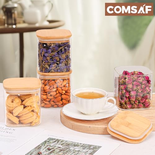 ComSaf 0.7 Qt Glass Food Storage Jars Set of 4, Clear Glass Storage Containers with Lids, Pantry Organization Jar, Spice Jar, Blooming Tea, Coffee and Sugar Container, Small Canister Set for Kitchen - size: 0.7Qt*4