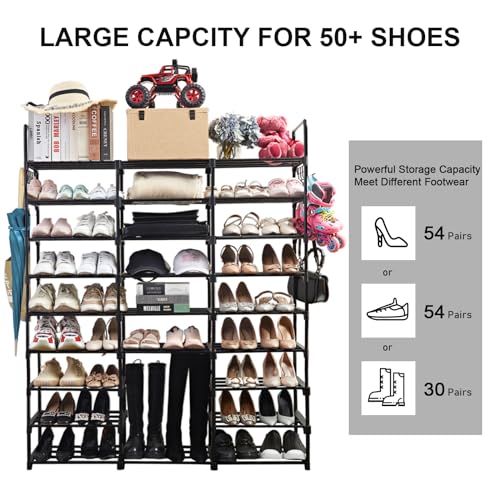 Mavivegue 9-Tier Metal Shoe Rack - Holds 50-55 Pairs, Tall Storage Shelf for Shoes, Boots, Entryway, Closet, Garage - color: Black, size: 3 Row 9 Tier