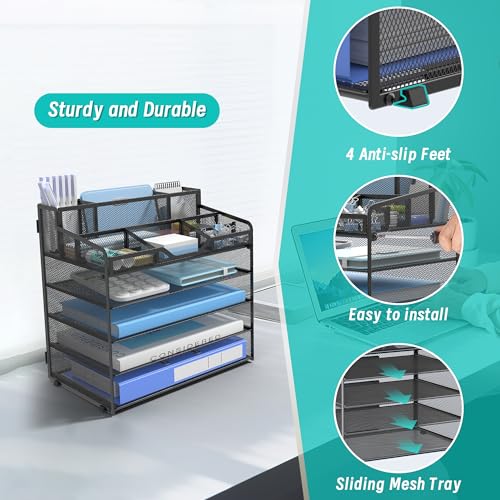 5 Tier Mesh Desk Organizer,Multi Functional Letter Paper Tray with 3 Pen Holders and 5 Adjustable Storage Compartments for Office Supplies Files and Mail Space Saving Desktop Organizer-Black - color: 5 tier-Black