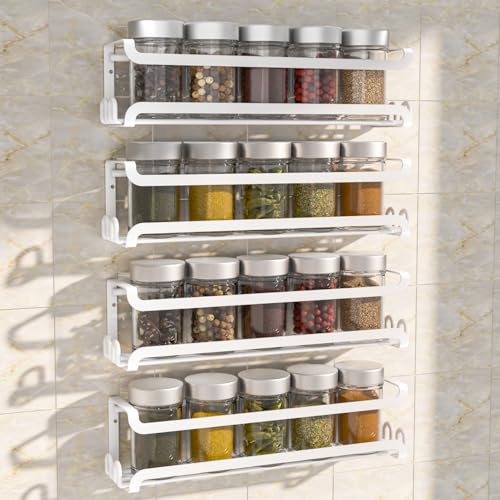 LUCYCAZ 4 Pack Wall Mounted Spice Rack with 16 Hooks, Spice Organizer Shelf for Stove Cabinet Pantry Door,Screw or Adhesive Spice Shelf Hanging Wall Spice Rack in Kitchen and RV (White, 4 PACK) - color: White, size: 4 PACK