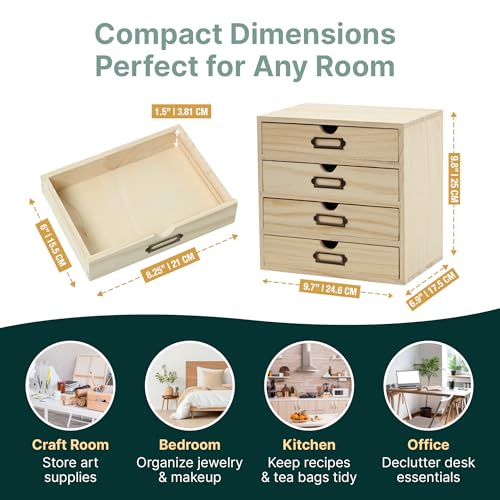 DIY Wooden Desk Organizer with Drawers – Unfinished 4-Drawer Desktop Storage Box – Personalizable Wood Desk Organizer for Crafts, Office, or Home – Compact Wooden Storage Drawers Ready to Decorate - color: DIY Plain Wood