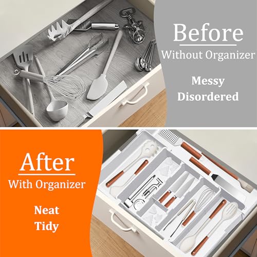 Spaclear Large Utensil Drawer Organizer Expandable Silverware Organizer for Kitchen Drawer Adjustable Cooking Utensil Holder Cutlery Flatware Tray Spatula Tools Gadgets Storage Dividers Plastic White - color: White
