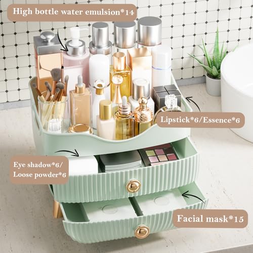 Makeup Organizer for Vanity, Large Capacity Skincare Cosmetic Organizer Countertop with 2 Drawers, Cosmetic Display Cases Makeup Storage Box for Bedroom, Bathroom, Ideal Gifts for Women(Green) - color: Green