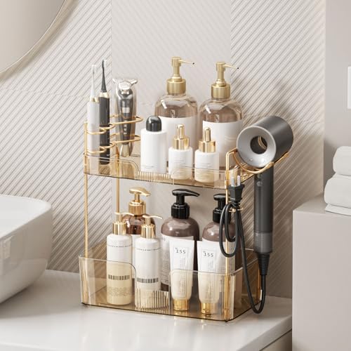 Bathroom Counter Organizer for Vanity, Makeup Organizer Countertop with Holder, Large Capacity Storage Rack, Perfect Large Skincare, Hair Care, Perfume, Easy to Install (Gold, 2Tiers) - color: Amber, size: 2 Tiers