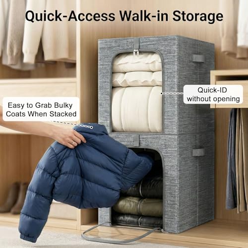 GoMaihe Clothes Storage Bins Metal Frame: 55L Extra Large Stackable Closet Storage Bin with Lid & Clear Window, Heavy Duty Blanket Box for Winter Coats Comforters (Fits Deep Closet 6-Pack) - color: 6, size: 55L