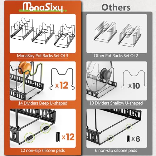 3-Pack Pots and Pans Organizer for Under Cabinet, 2Tier 12 Dividers 3 DIY Method Expandable Easy Install, Kitchen Pot Pan Lid Rack Storage Holder Organizers Inside Cabinet, Bright Black - color: Bright Black