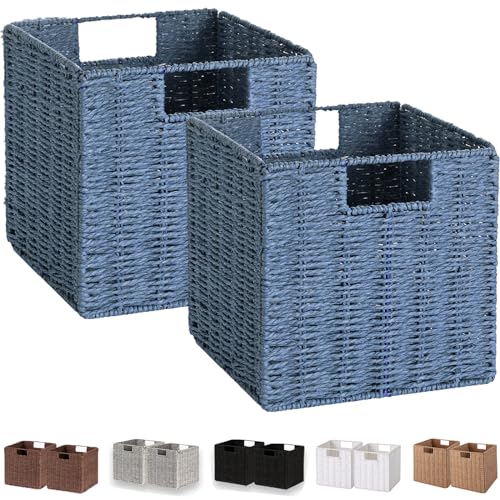 Vagusicc Wicker Storage Basket, Set of 2 Hand-Woven Storage Baskets for Shelves with Handles, Foldable Cube Storage Baskets Bins 11 Inch Large Wicker Baskets for Pantry Decor, Blue(11''x11''x11'') - color: Dark Blue, size: 11'' x 11'' x 11''