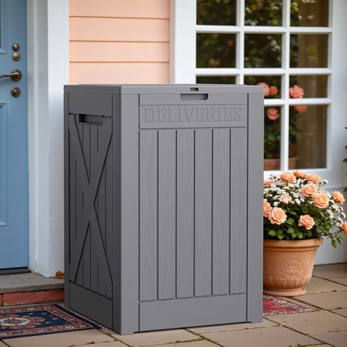 Greesum 52 Gallon Large Outdoor Package Delivery Box for Porch, Lockable Secure Double-Wall Resin Storage Bin, Waterproof Deck Container for Package Protection, Gray - color: Gray, size: 52 Gallon