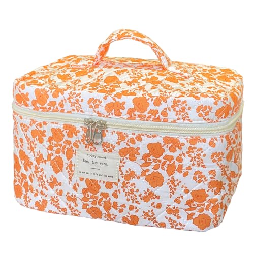 Orange Large Quilted Floral Makeup Bag Cute Soft Coquette Aesthetic Cosmetic Bag Cotton Travel Toiletry Bag for Women - color: A-Orange